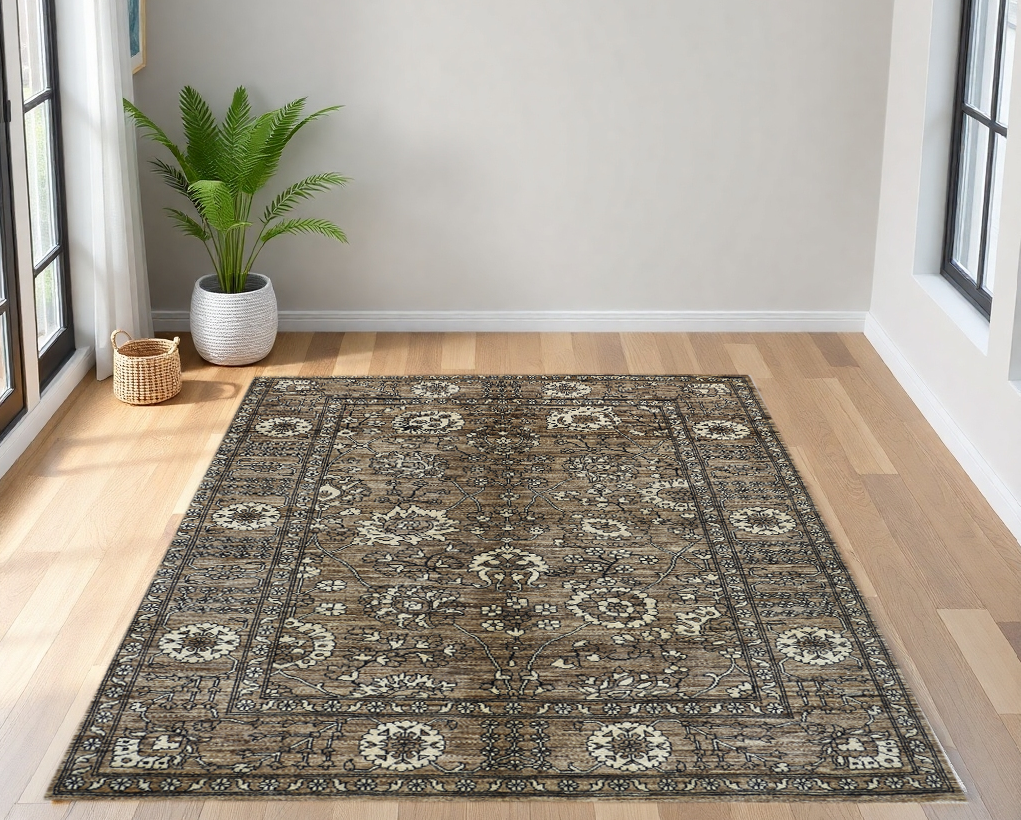 Brown & Ivory Premium Handwoven Pure Wool Chobrang Rug, 5ft 1in x 7ft 2in