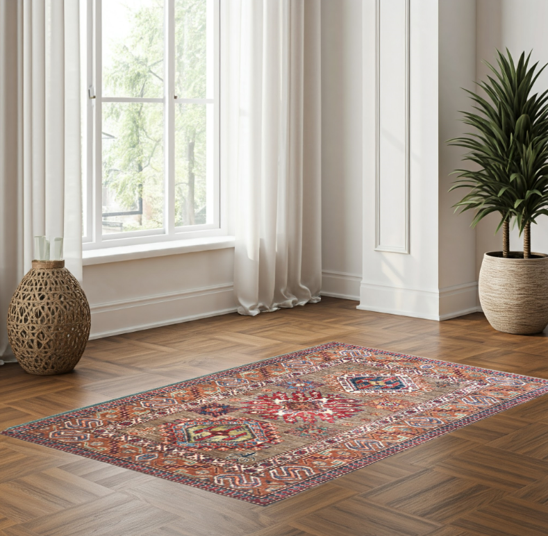 Brown & Rust Premium Handwoven Pure Wool Super Kazak Rug, 3ft 4in x 4ft 11in
