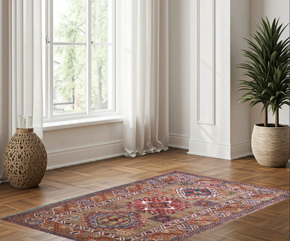 Brown & Rust Premium Handwoven Pure Wool Super Kazak Rug, 3ft 4in x 4ft 11in