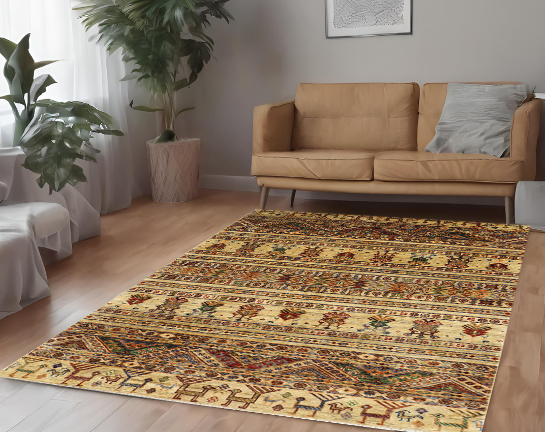 Beige & Red Premium Handwoven Pure Wool Gaba Rug, 4ft 0in x 6ft 0in