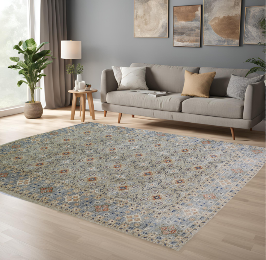 Beige & Grey Premium Handwoven Pure Wool Chobrang Rug, 8ft 0in x 9ft 11in