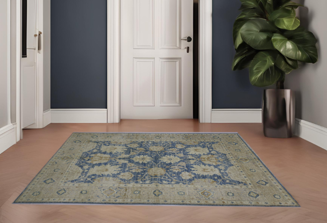 Blue & Beige Premium Handwoven Pure Wool Aryana Rug, 4ft 0in x 5ft 9in