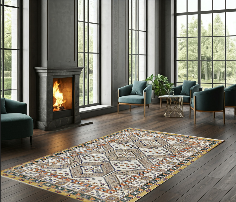 Gold & Ivory Premium Handwoven Pure Wool Bakhtiyari Rug, 4ft 0in x 6ft 0in