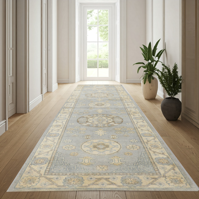 Sky Blue & Ivory Premium Handwoven Pure Wool Kotan Rug, 2ft 7in x 9ft 7in