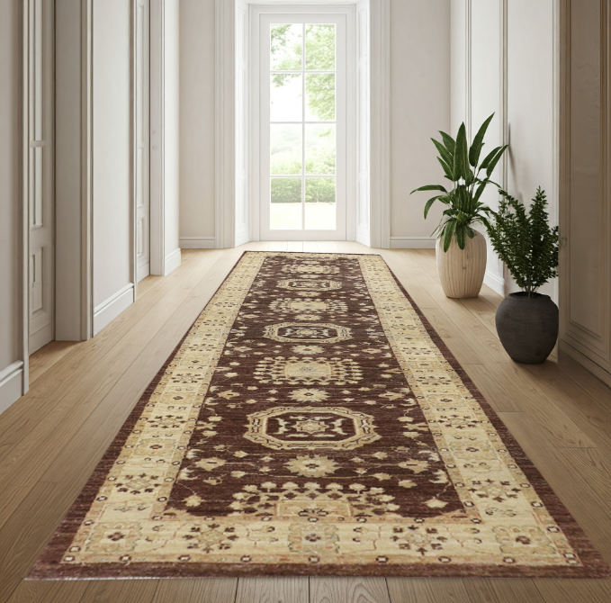 Brown & Ivory Premium Handwoven Pure Wool Chobrang Rug, 2ft 9in x 9ft 10in