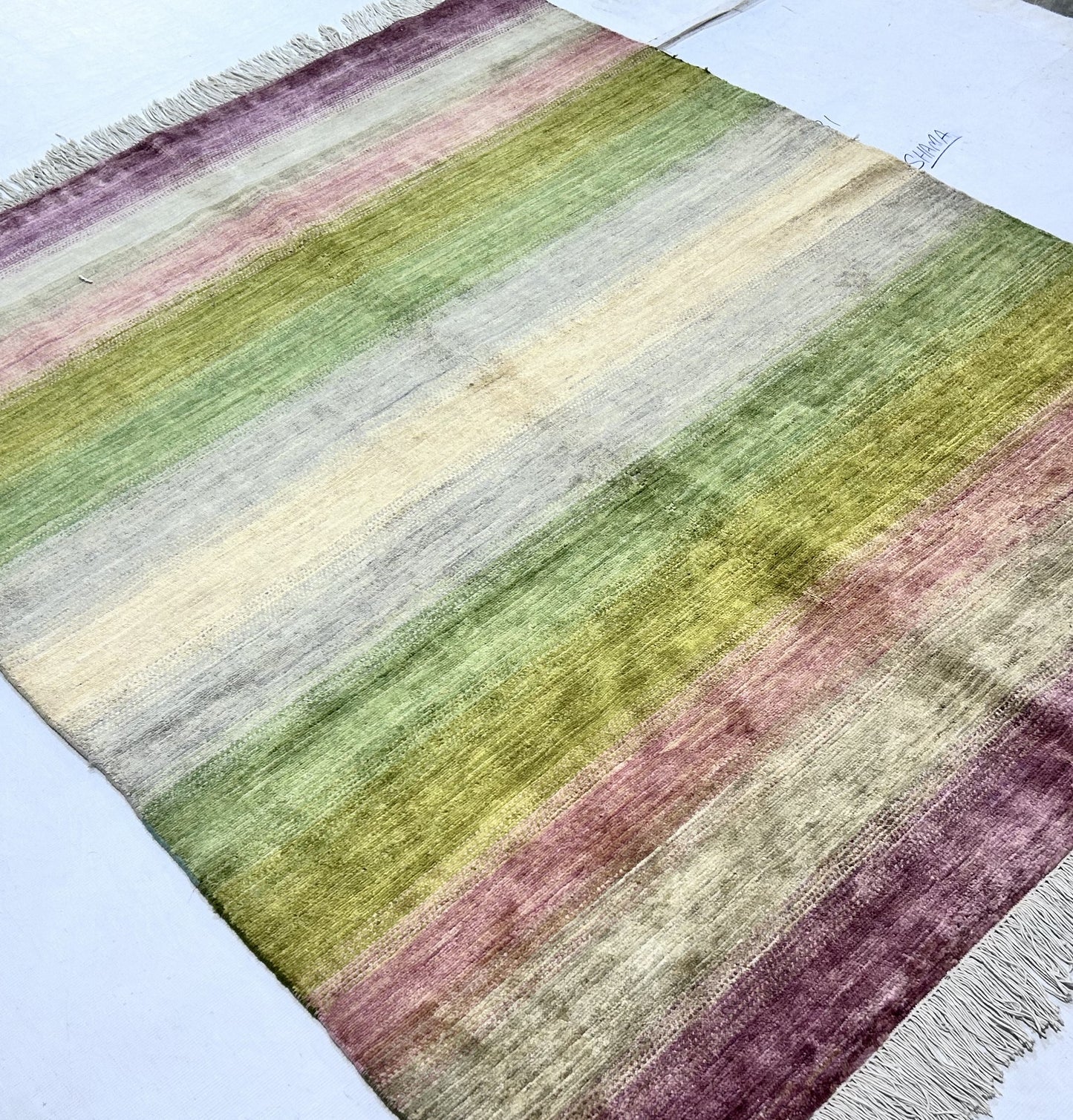 Green & Beige Premium Handwoven Pure Wool Gaba Rug, 5ft 2in x 6ft 6in
