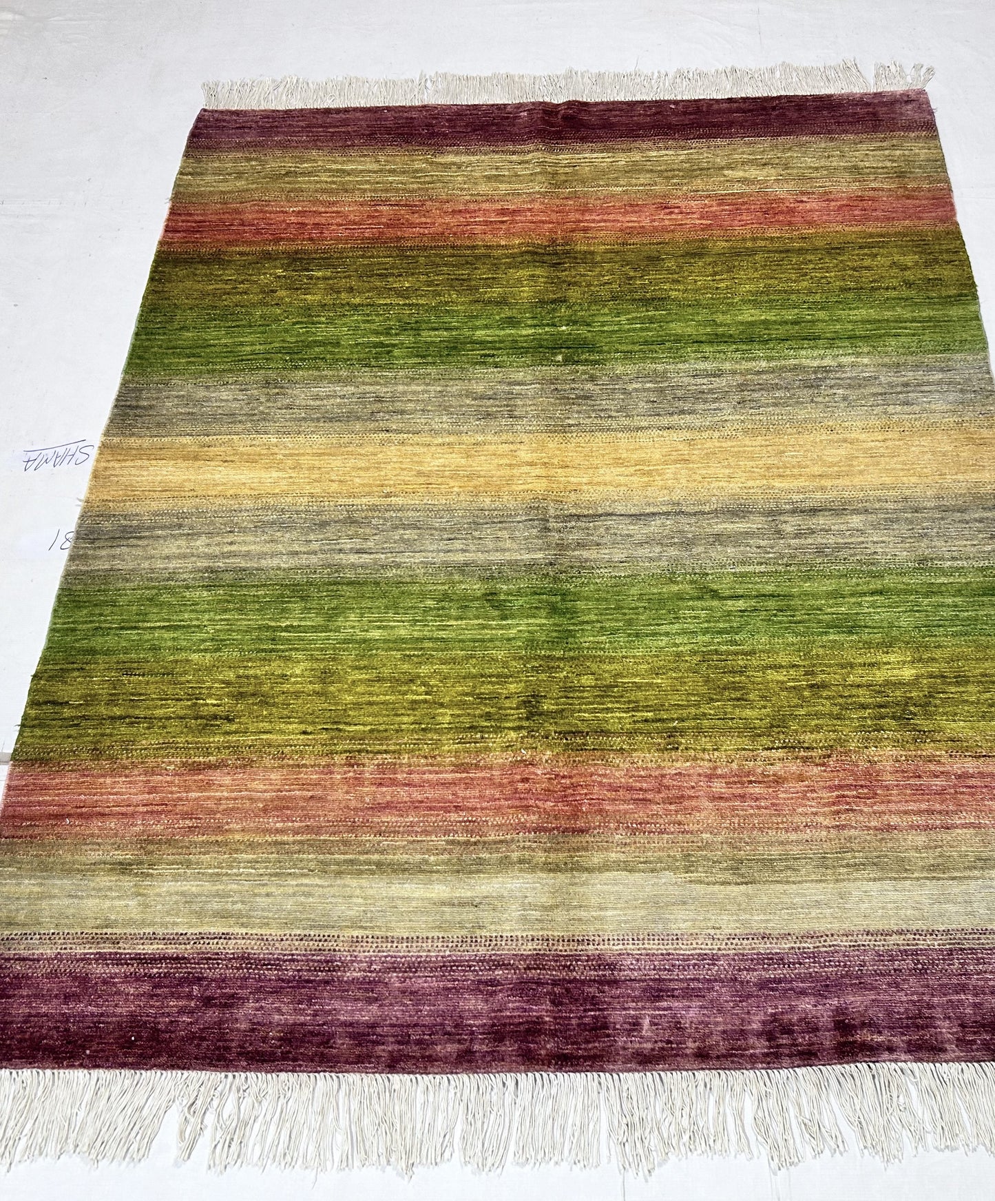 Green & Beige Premium Handwoven Pure Wool Gaba Rug, 5ft 2in x 6ft 6in
