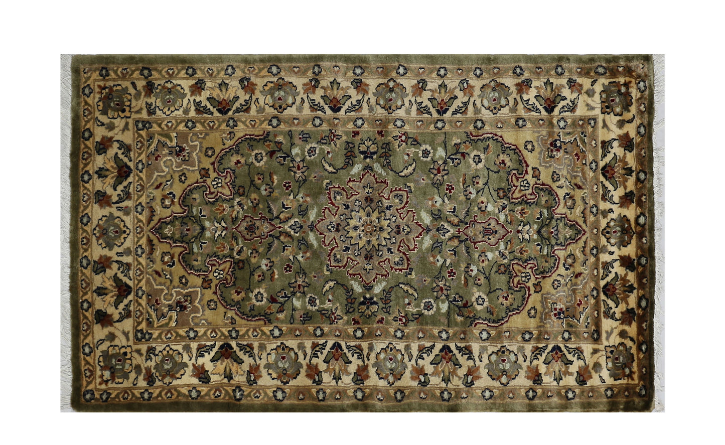 Olive Green & Ivory Premium Handwoven Pure Wool Bokhara Rug, 3ft 2in x 5ft 0in