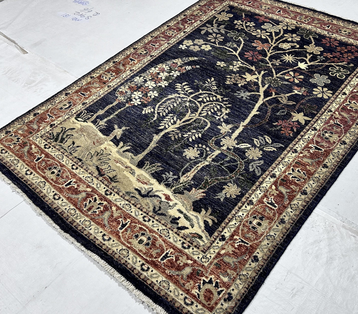 Navy Blue & Rust Premium Handwoven Pure Wool Chobrang Rug, 4ft 7in x 6ft 8in