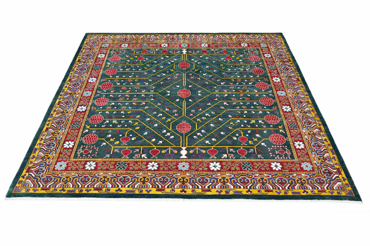 Emerald Green & Red Premium Handwoven Pure Wool Kotan Rug, 6ft 6in x 6ft 6in