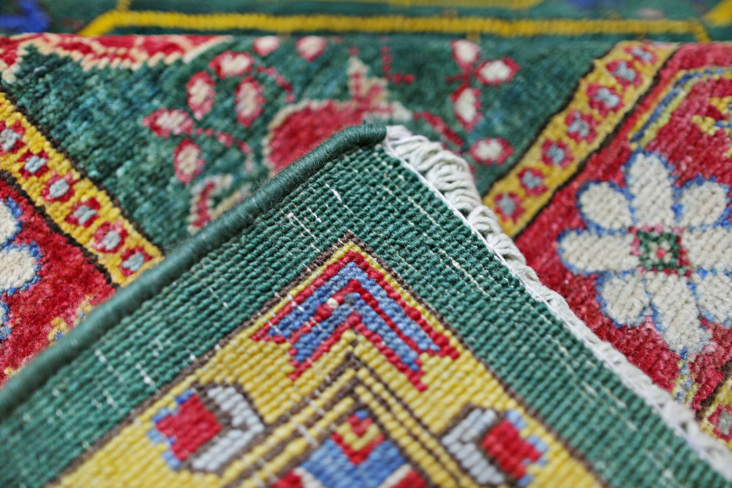 Emerald Green & Red Premium Handwoven Pure Wool Kotan Rug, 6ft 6in x 6ft 6in