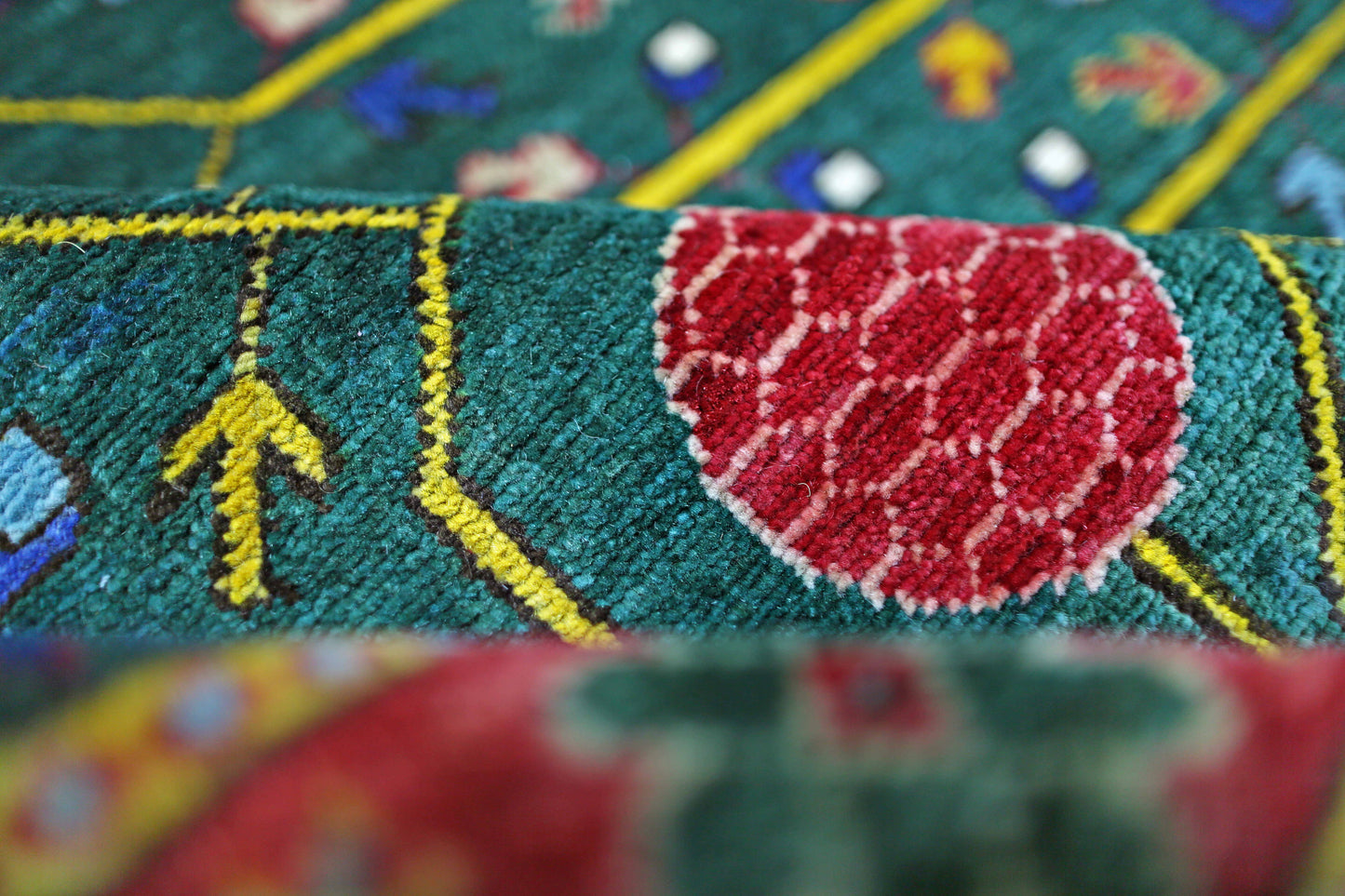 Emerald Green & Red Premium Handwoven Pure Wool Kotan Rug, 6ft 6in x 6ft 6in