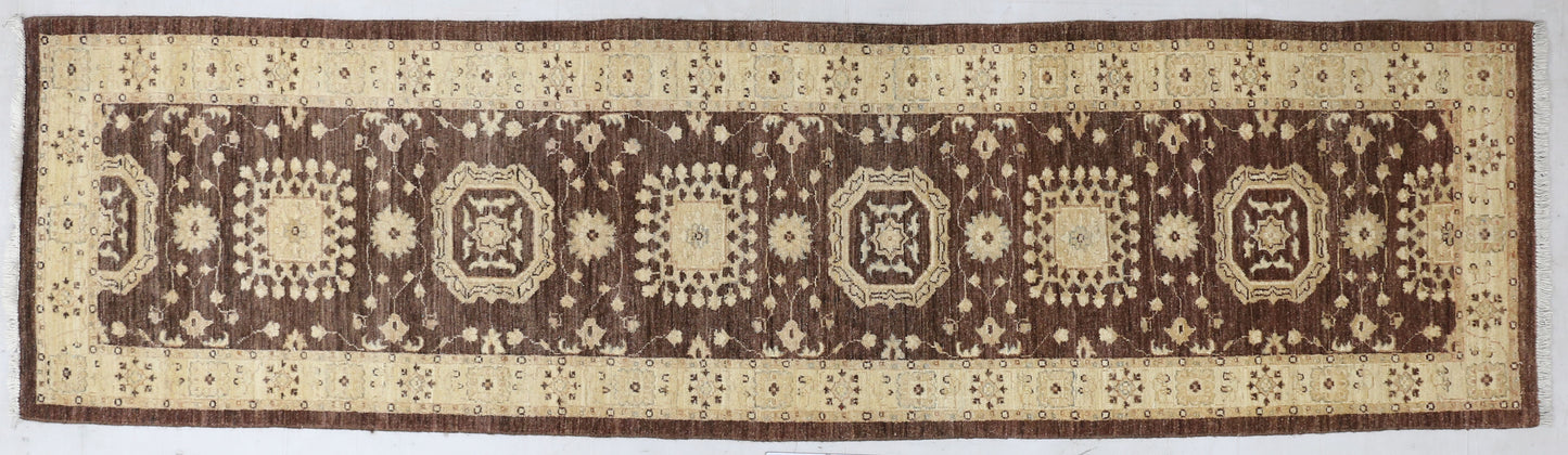 Brown & Ivory Premium Handwoven Pure Wool Chobrang Rug, 2ft 9in x 9ft 10in
