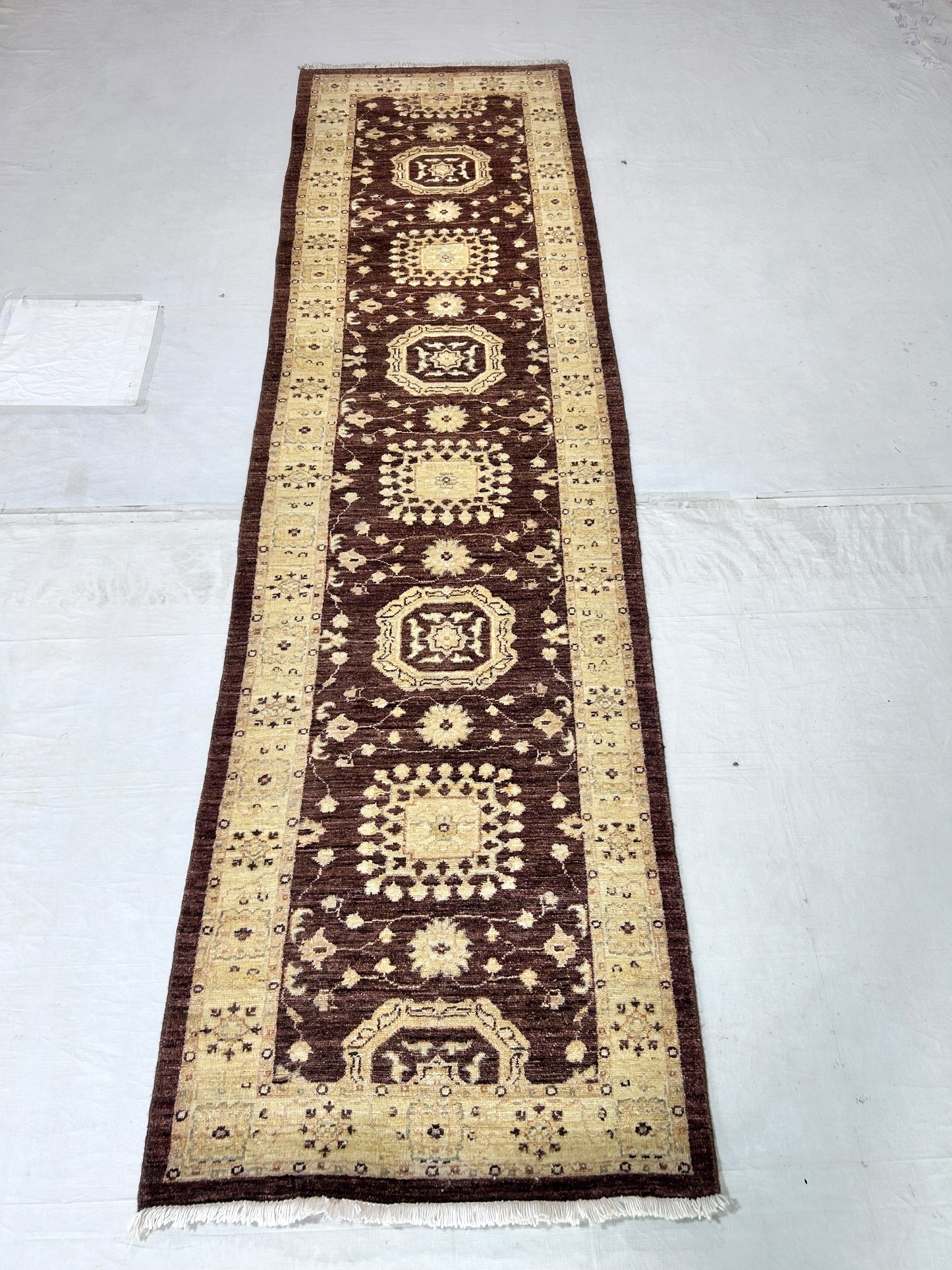 Brown & Ivory Premium Handwoven Pure Wool Chobrang Rug, 2ft 9in x 9ft 10in