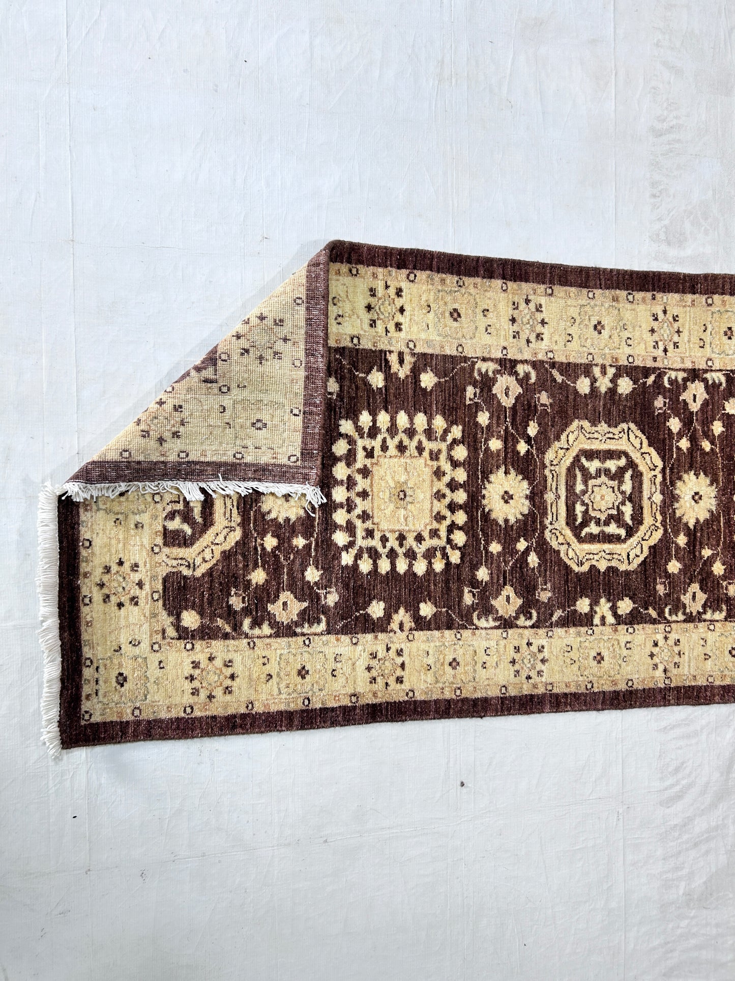 Brown & Ivory Premium Handwoven Pure Wool Chobrang Rug, 2ft 9in x 9ft 10in