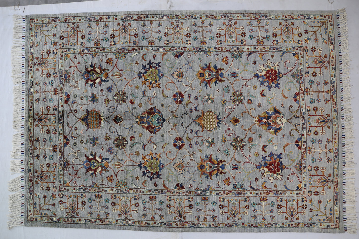 Grey & Navy Blue Premium Handwoven Pure Wool Sultani Rug, 5ft 7in x 8ft 1in