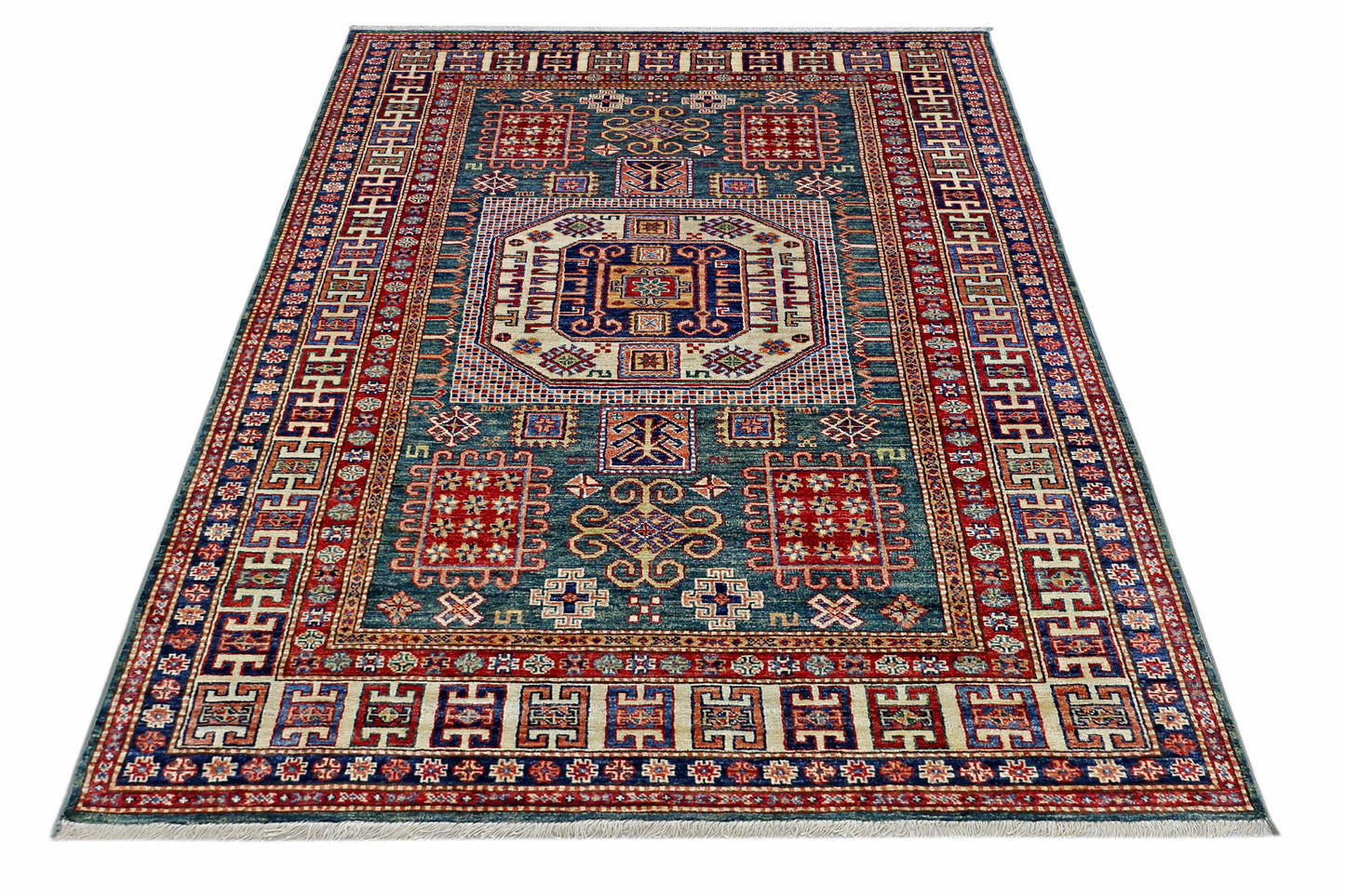 Green & Rust Premium Handwoven Pure Wool Rug Chobrang Rug 4 ft 11 in x 7ft 10 in