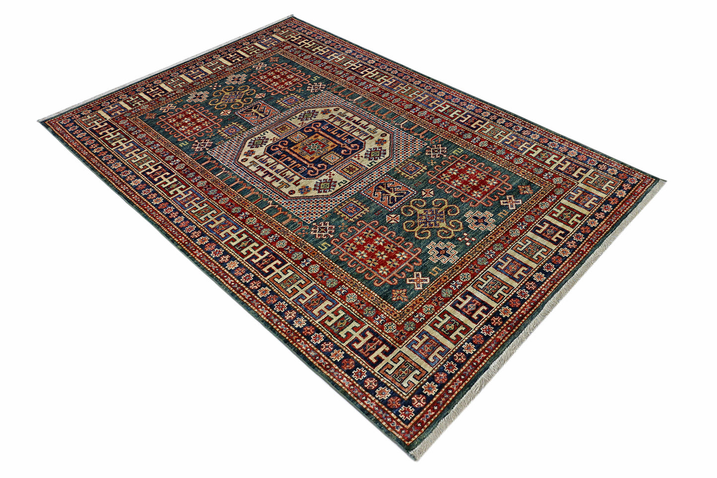 Green & Rust Premium Handwoven Pure Wool Rug Chobrang Rug 4 ft 11 in x 7ft 10 in