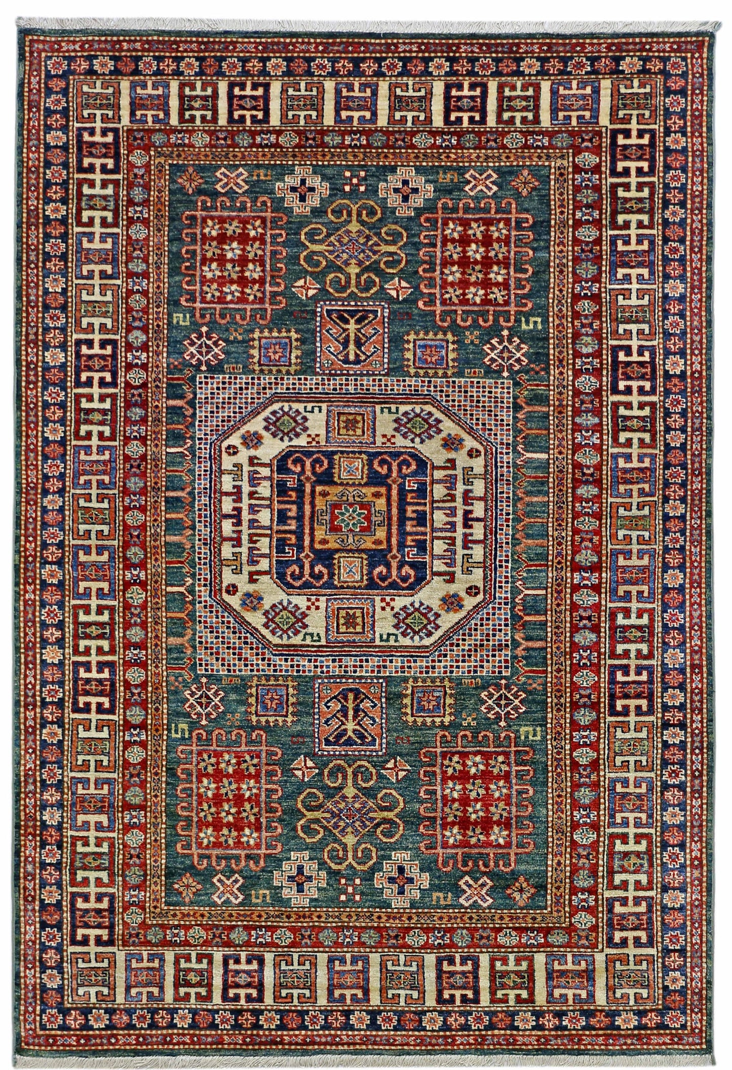 Green & Rust Premium Handwoven Pure Wool Rug Chobrang Rug 4 ft 11 in x 7ft 10 in