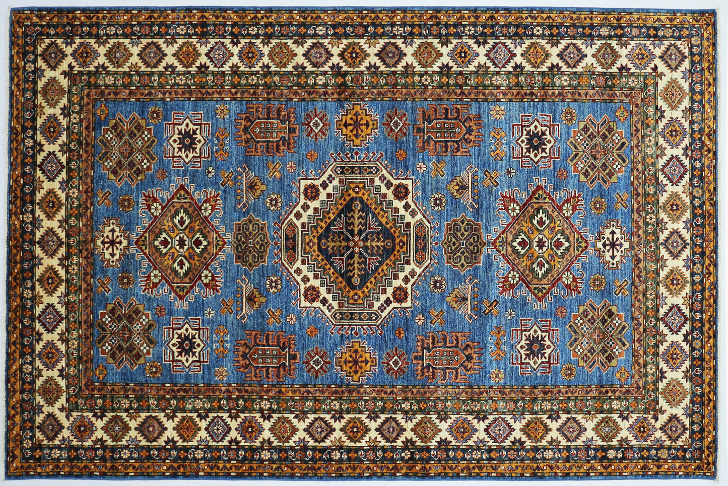 Blue & Ivory Premium Handwoven Pure Wool Super Kazak Rug, 5ft 7in x 8ft 4in
