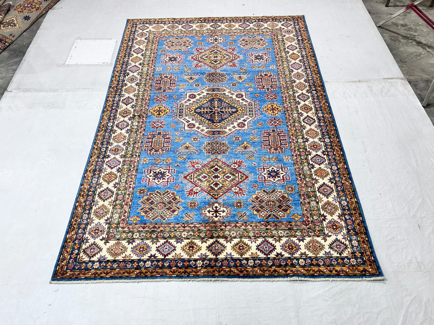 Blue & Ivory Premium Handwoven Pure Wool Super Kazak Rug, 5ft 7in x 8ft 4in