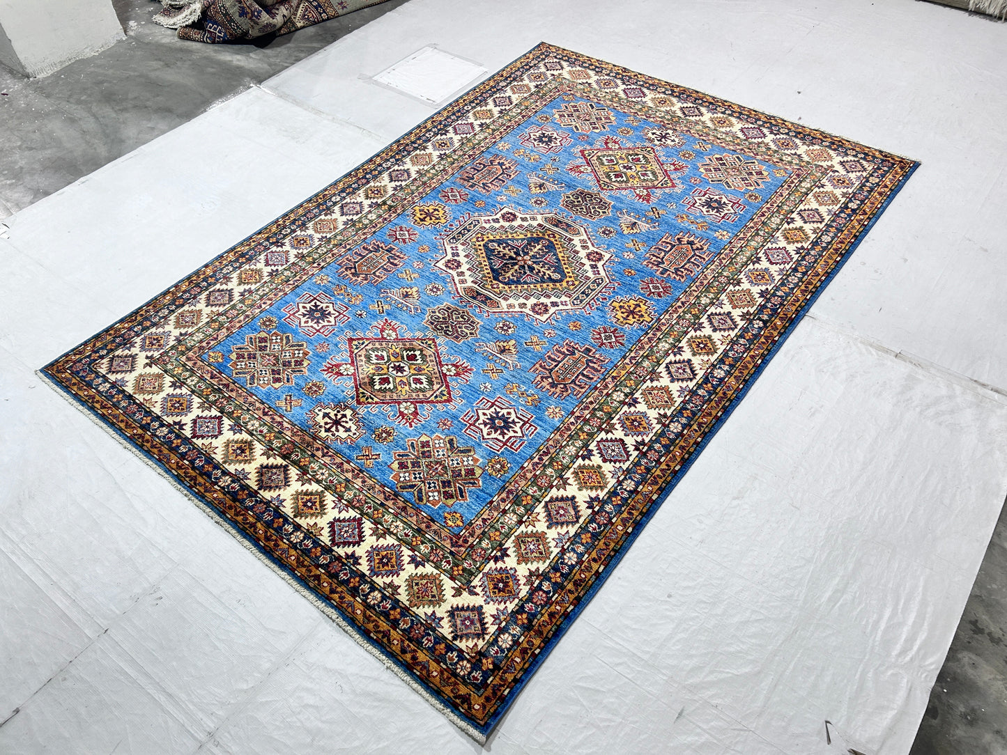 Blue & Ivory Premium Handwoven Pure Wool Super Kazak Rug, 5ft 7in x 8ft 4in