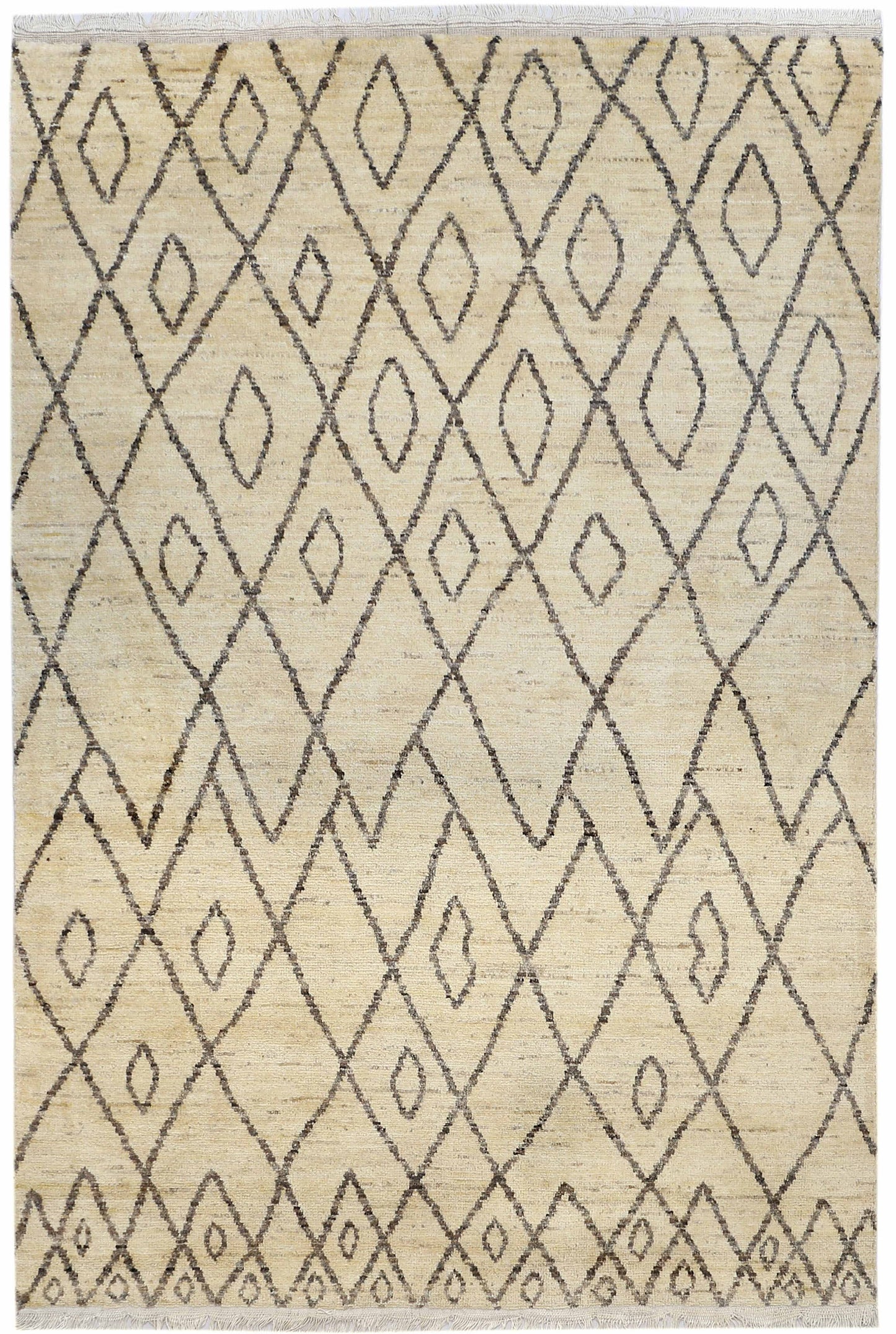 Ivory & Brown Premium Handwoven Pure Wool Moroccan Rug, 5ft 1in x 7ft 3in