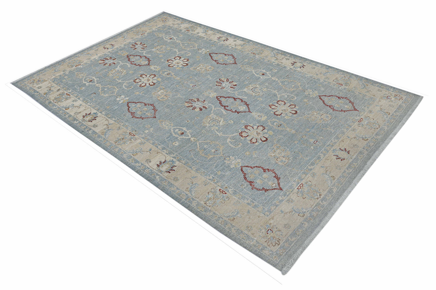 Sky Blue & Ivory Premium Handwoven Pure Wool Chobrang Rug, 5ft 9in x 9ft 5in