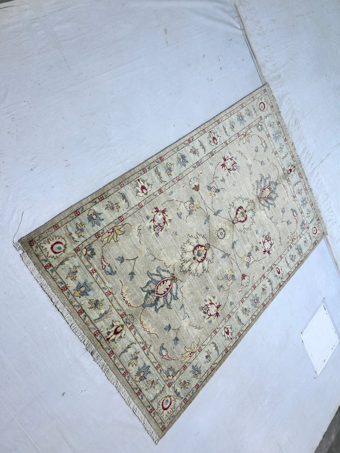 Beige & Sky Blue Premium Handwoven Pure Wool Chobrang Rug, 4ft 0in x 6ft 1in