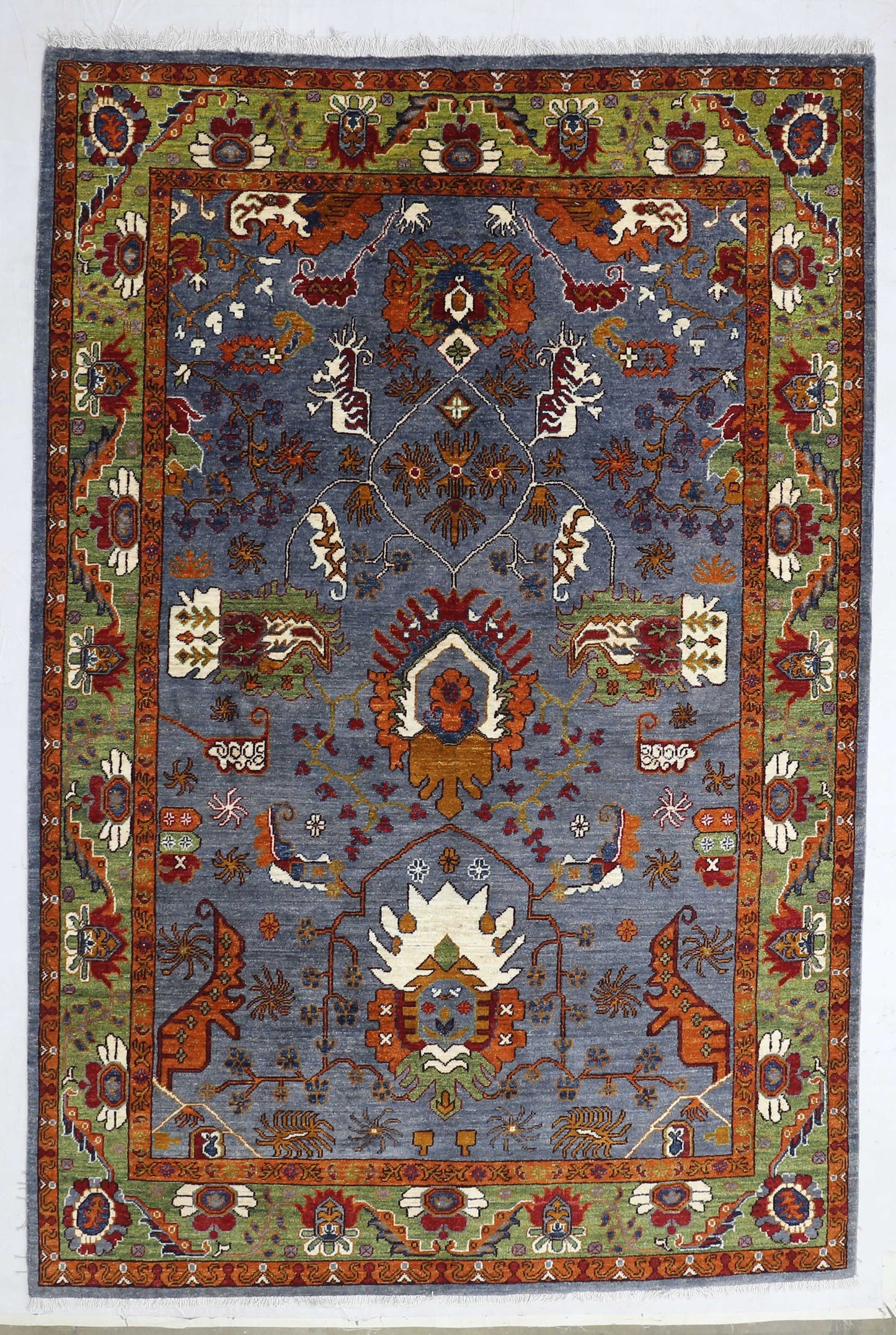 Grey & Green Premium Handwoven Pure Wool Chobrang Rug, 5ft 6in x 8ft 1in