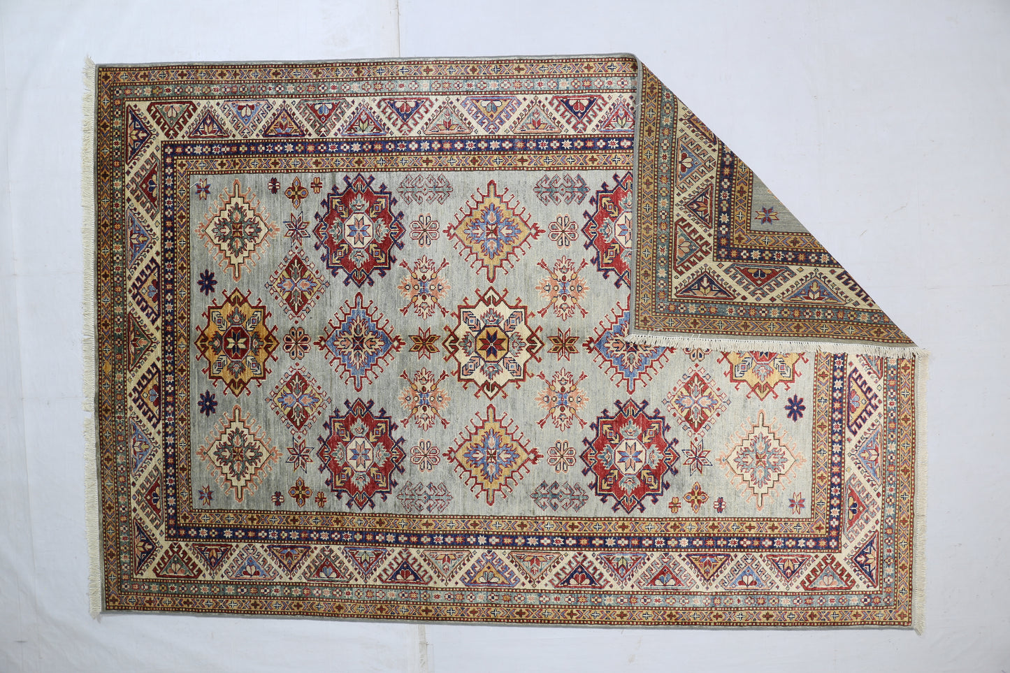 Silver & Ivory Premium Handwoven Pure Wool Super Kazak Rug, 5ft 8in x 8ft 3in