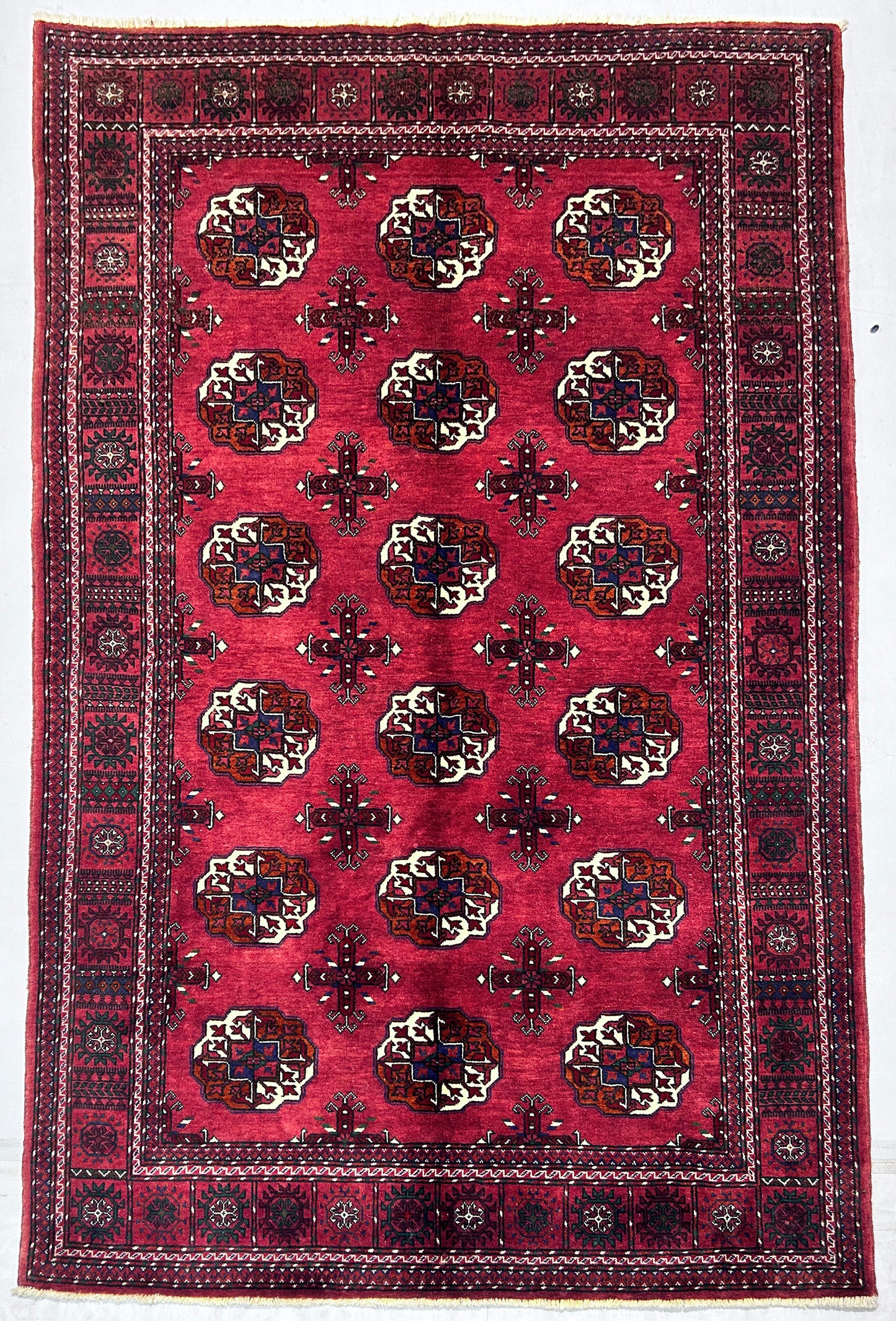Red & Ivory Premium Handwoven Pure Wool Bokhara Rug, 4ft 0in x 5ft 11in