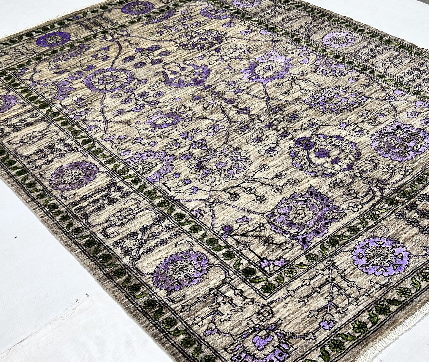 Brown & Lavender Premium Handwoven Pure Wool Chobrang Rug, 5ft 0in x 7ft 0in