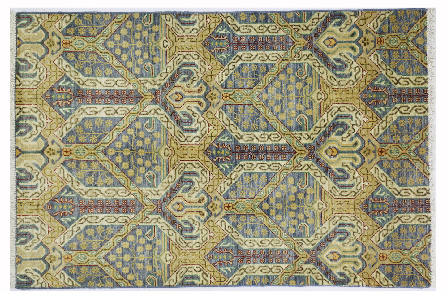 Blue & Ivory Premium Handwoven Pure Wool Chobrang Rug, 3ft 11in x 5ft 11in