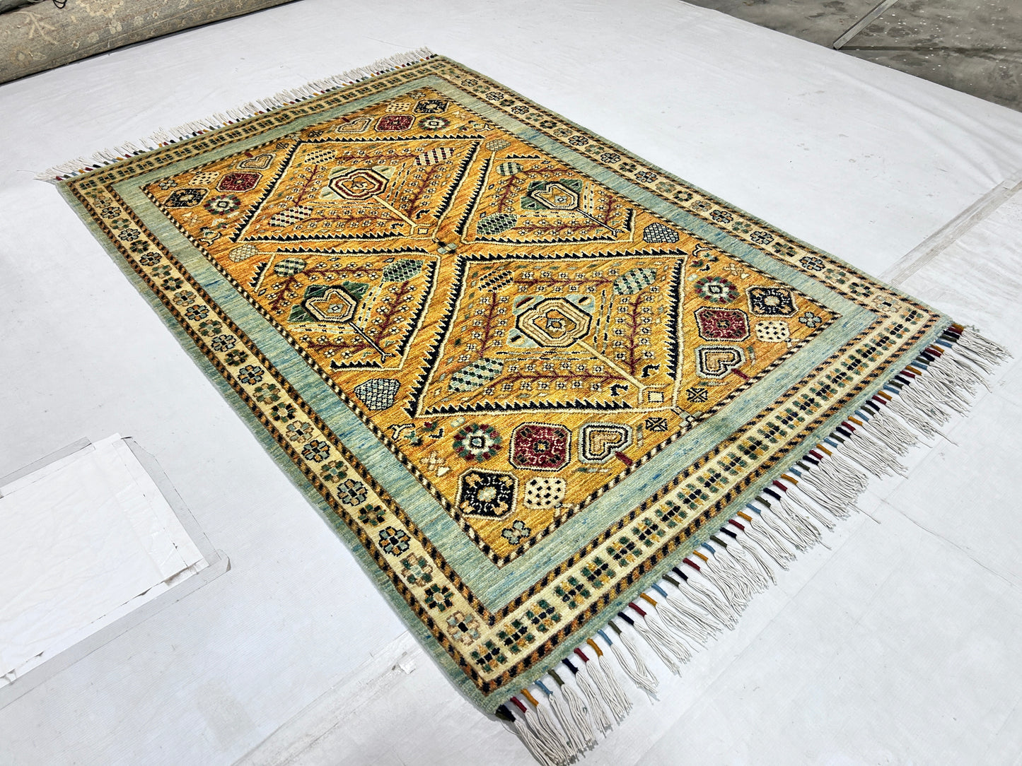 Sky Blue & Orange Premium Handwoven Pure Wool Chobrang Rug, 4ft 0in x 5ft 9in
