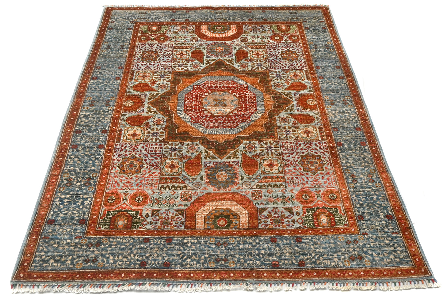 Sky Blue & Rust Premium Handwoven Pure Wool Mamlouk Rug, 5ft 0in x 7ft 0in