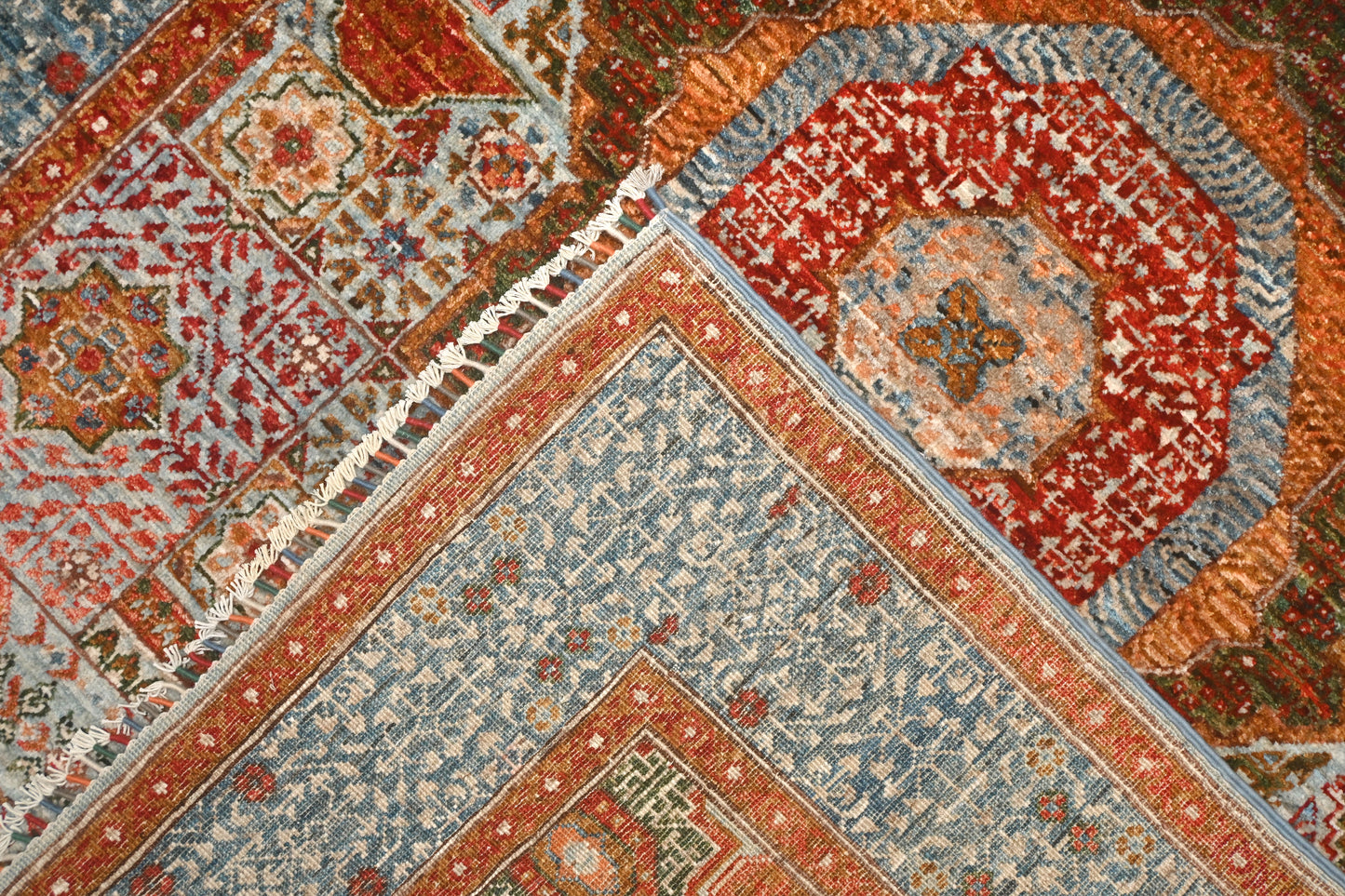 Sky Blue & Rust Premium Handwoven Pure Wool Mamlouk Rug, 5ft 0in x 7ft 0in