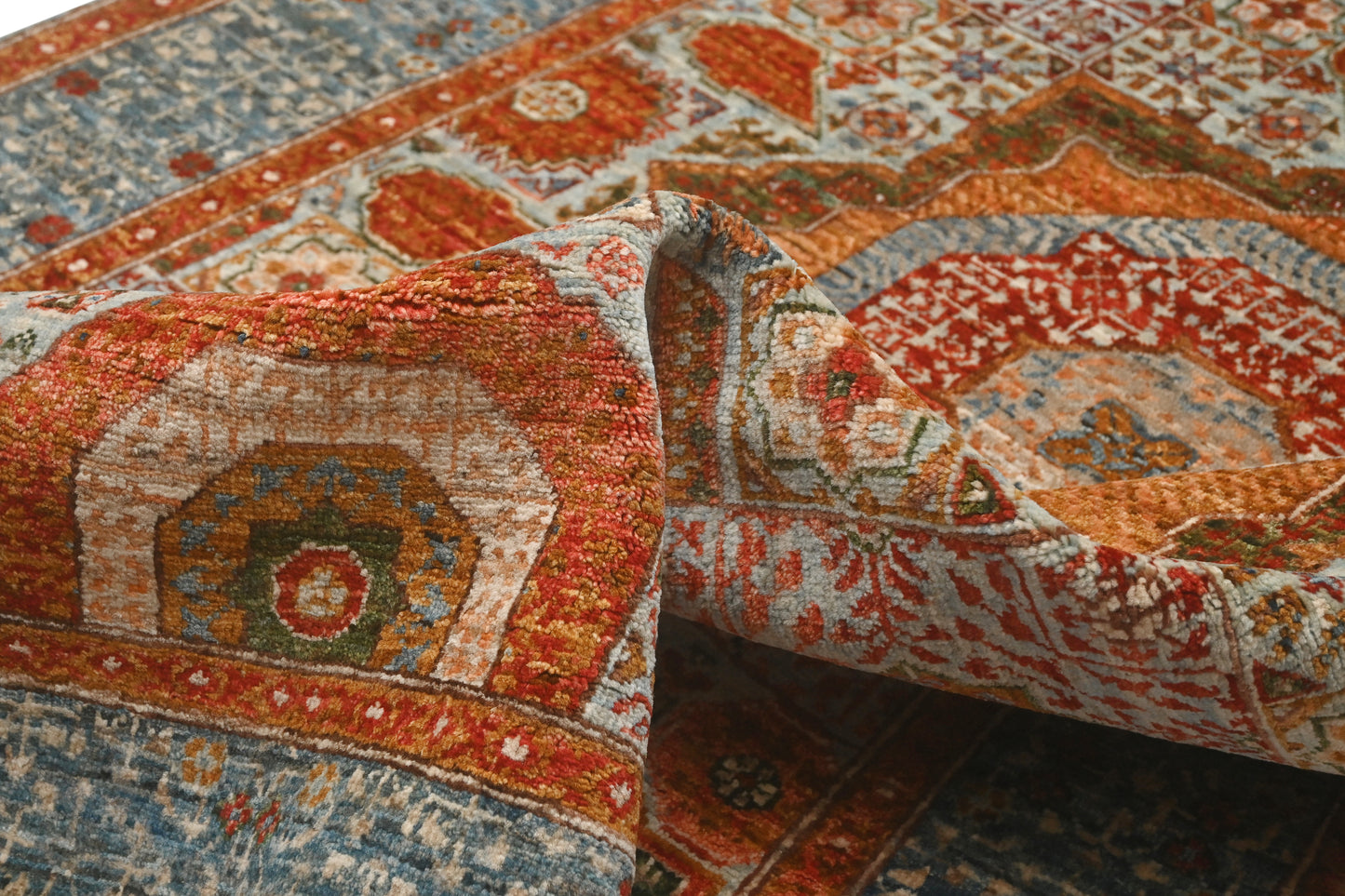 Sky Blue & Rust Premium Handwoven Pure Wool Mamlouk Rug, 5ft 0in x 7ft 0in
