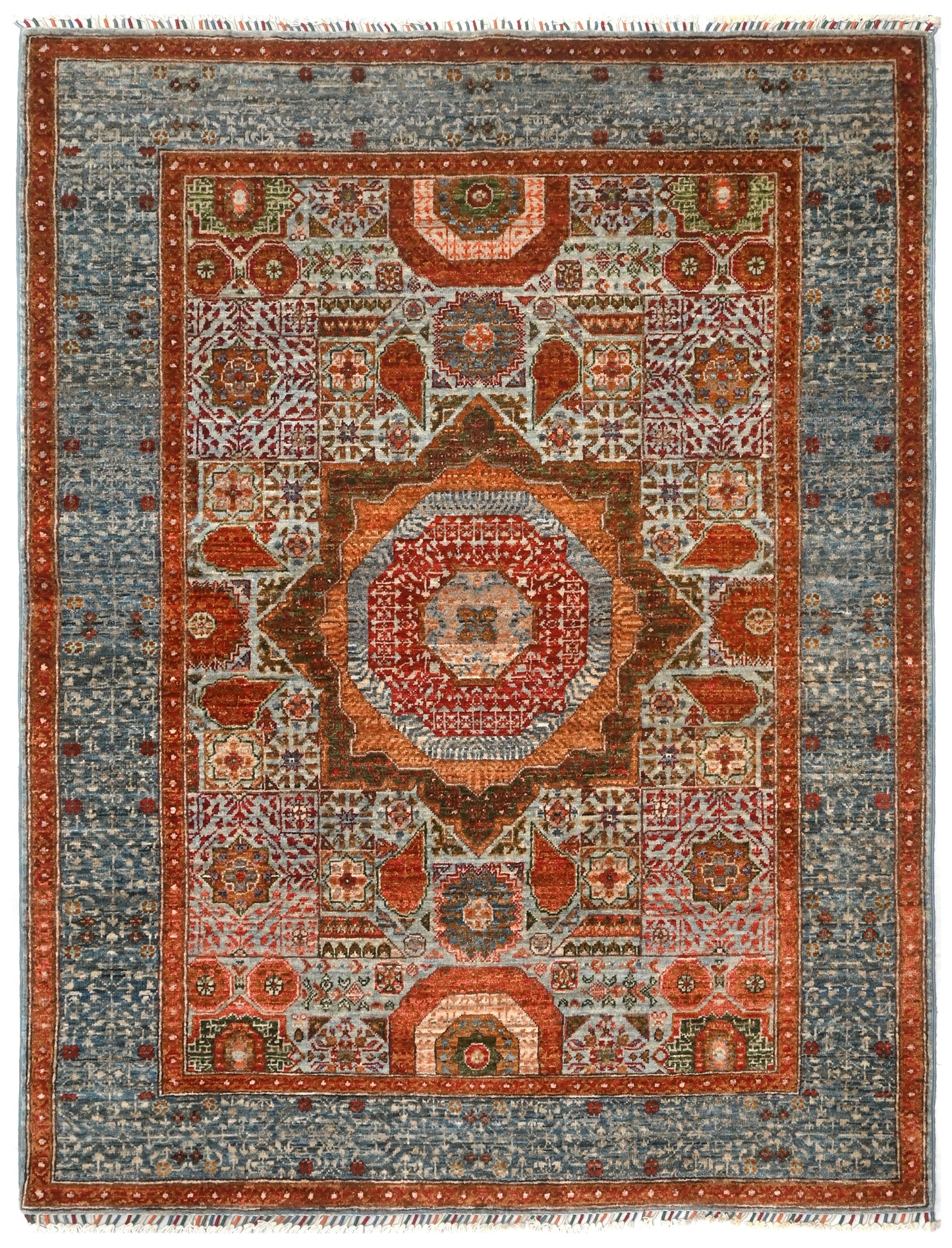 Sky Blue & Rust Premium Handwoven Pure Wool Mamlouk Rug, 5ft 0in x 7ft 0in