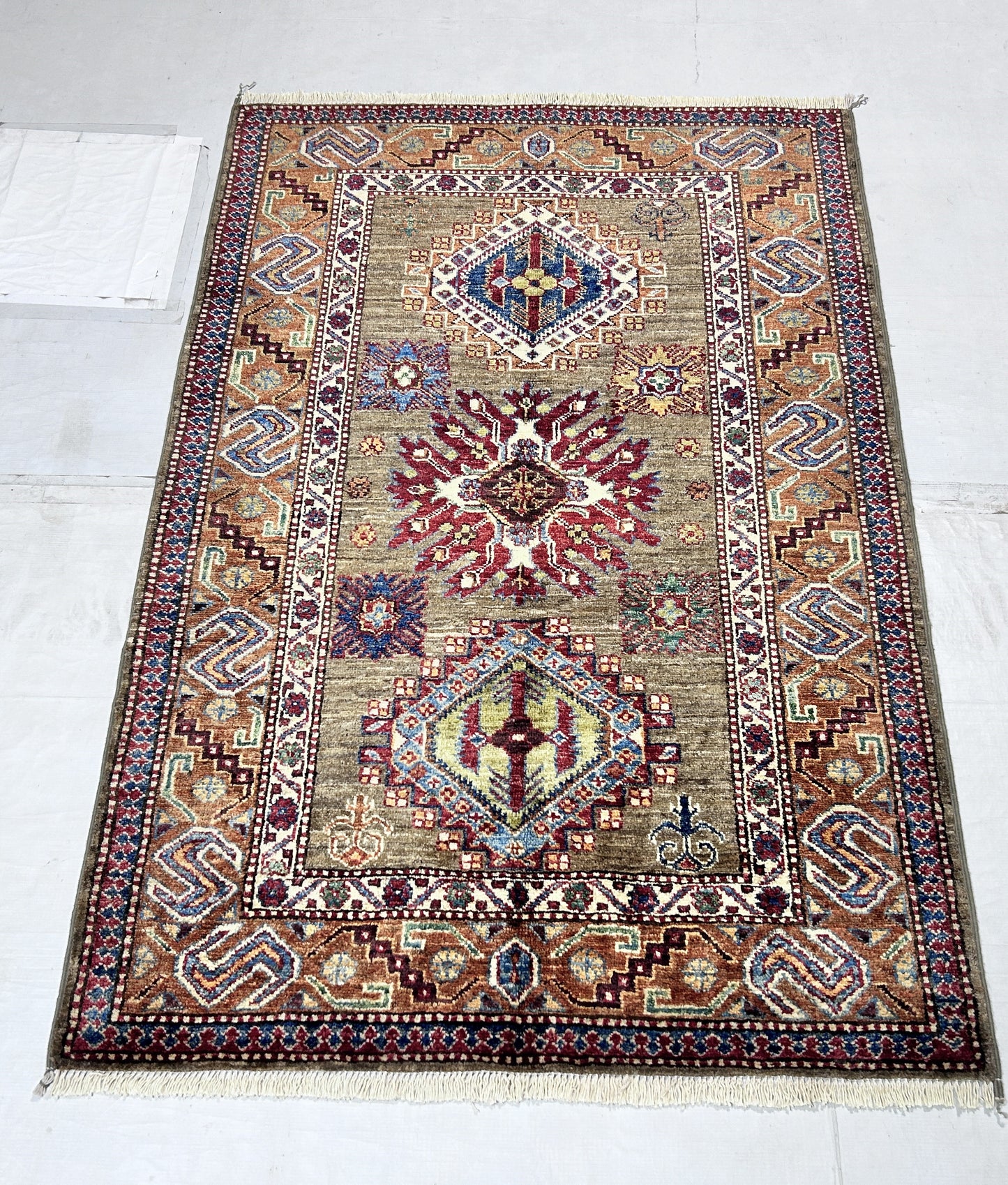 Brown & Rust Premium Handwoven Pure Wool Super Kazak Rug, 3ft 4in x 4ft 11in