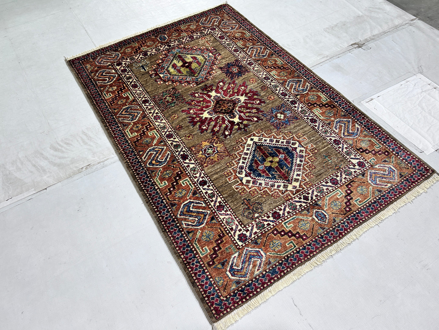 Brown & Rust Premium Handwoven Pure Wool Super Kazak Rug, 3ft 4in x 4ft 11in
