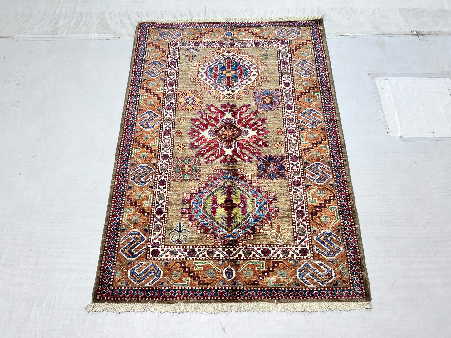 Brown & Rust Premium Handwoven Pure Wool Super Kazak Rug, 3ft 4in x 4ft 11in