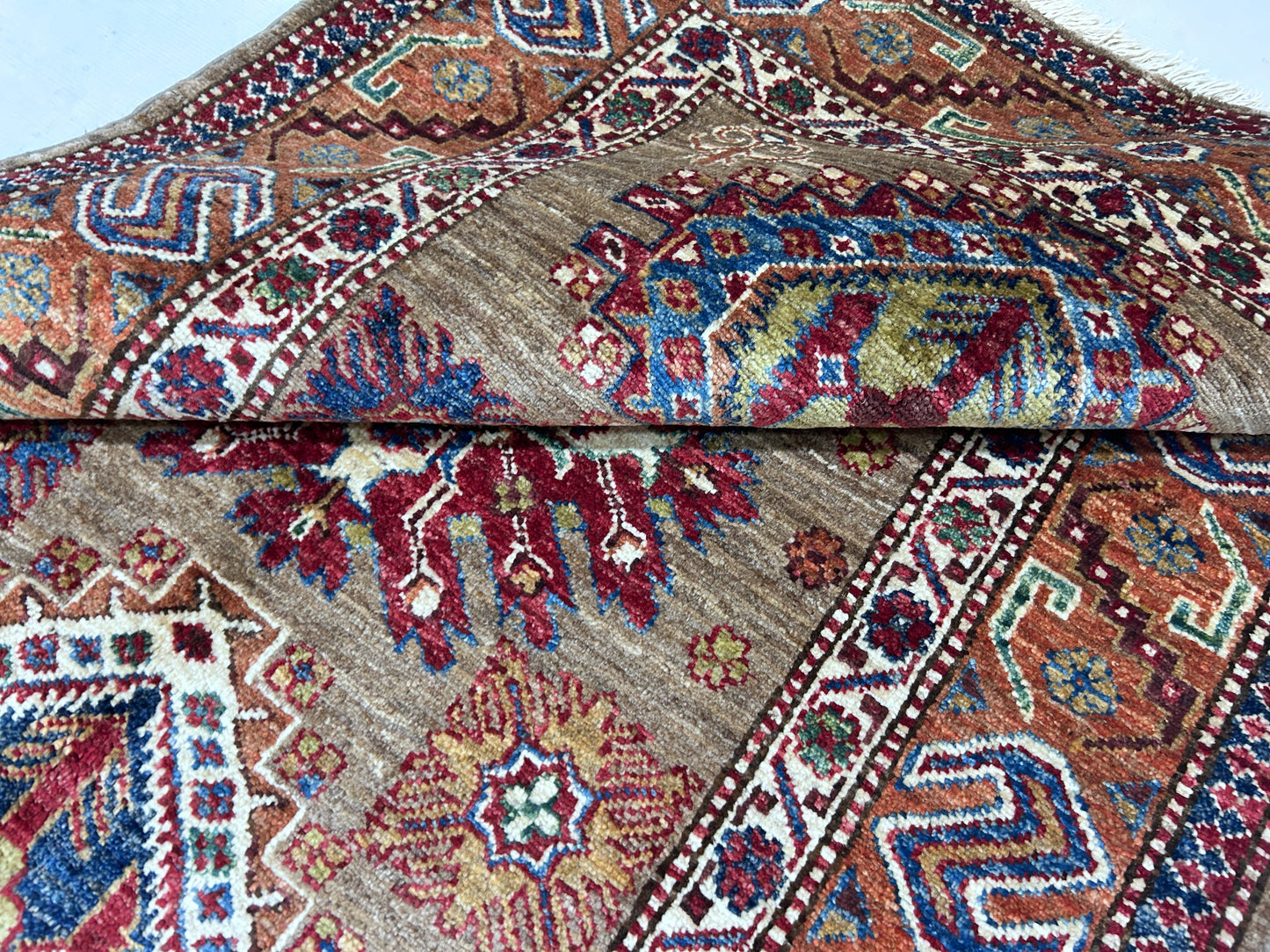 Brown & Rust Premium Handwoven Pure Wool Super Kazak Rug, 3ft 4in x 4ft 11in