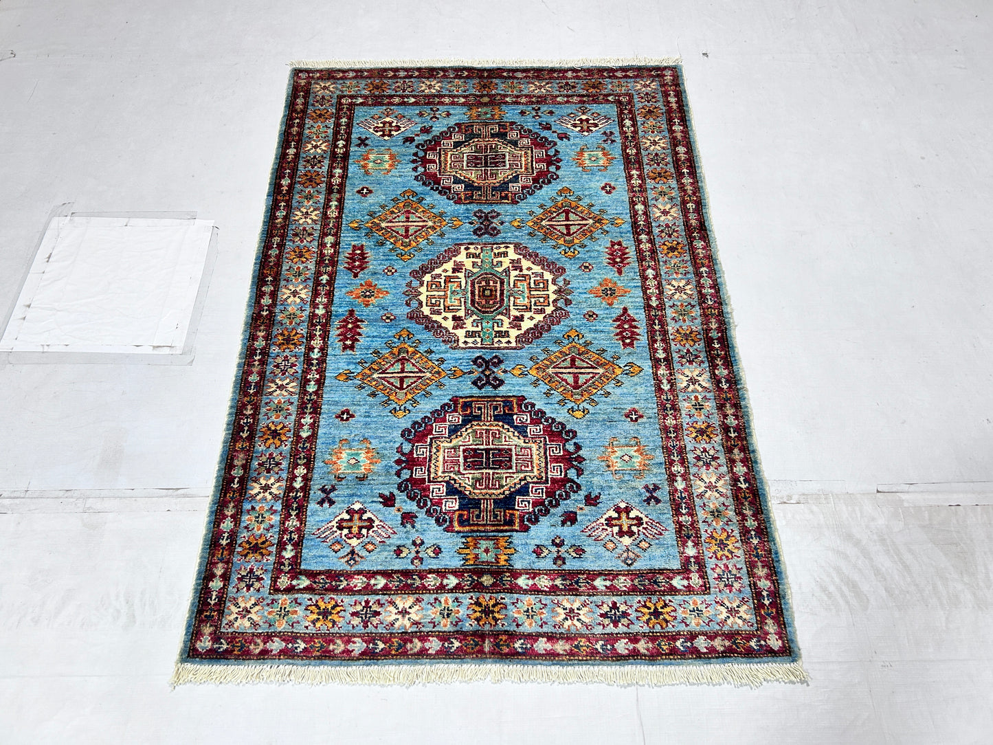 Blue & Red Premium Handwoven Pure Wool Super Kazak Rug, 3ft 4in x 4ft 11in