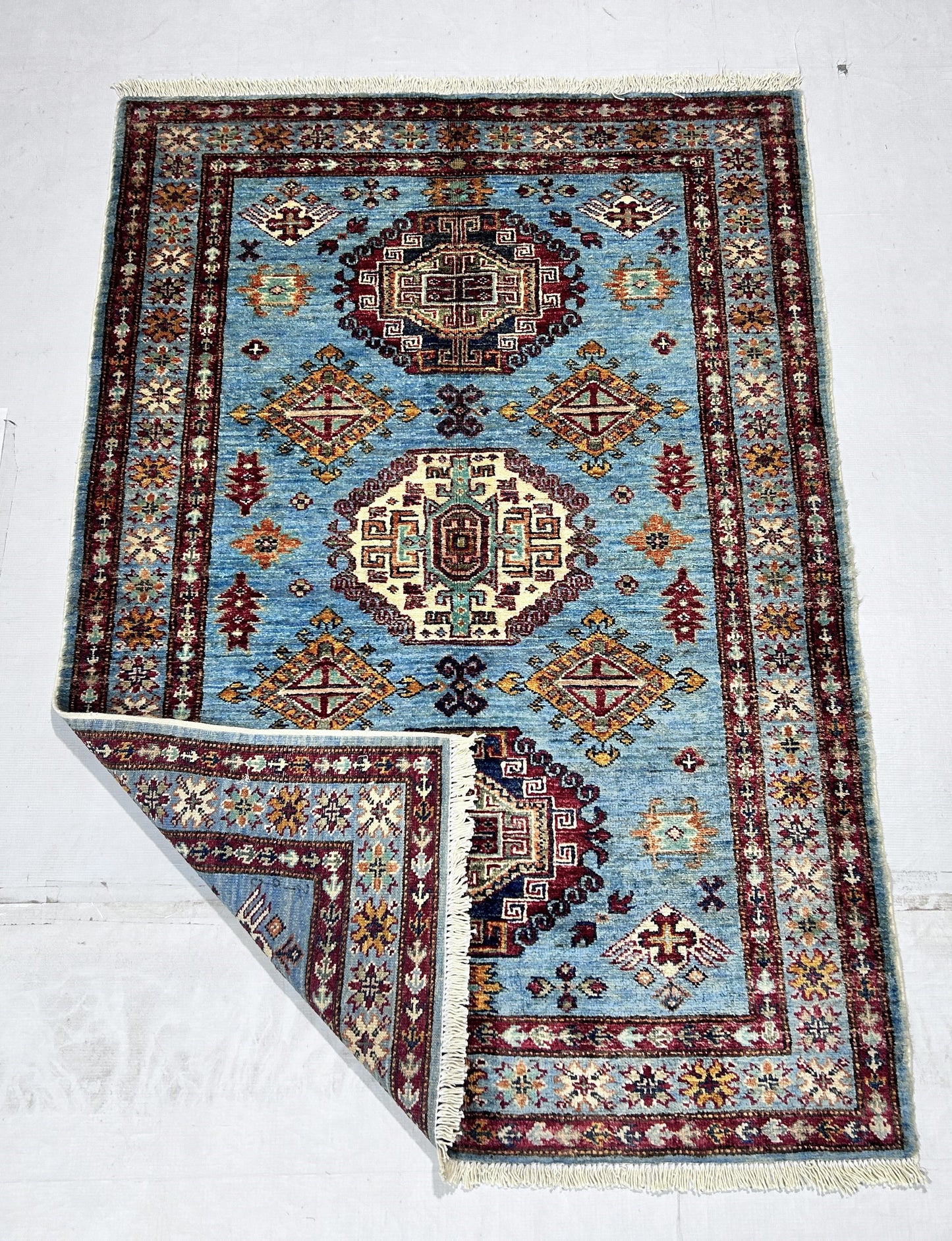 Blue & Red Premium Handwoven Pure Wool Super Kazak Rug, 3ft 4in x 4ft 11in