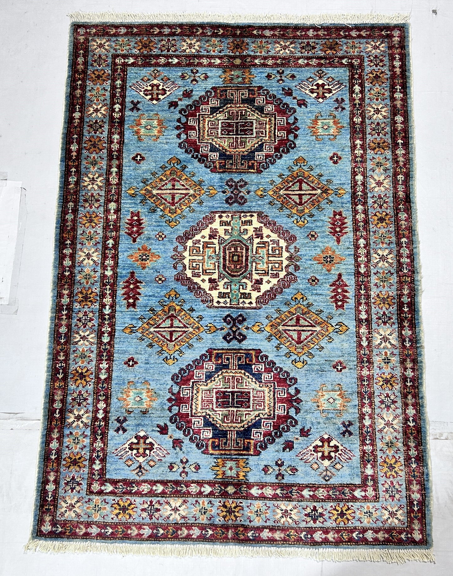 Blue & Red Premium Handwoven Pure Wool Super Kazak Rug, 3ft 4in x 4ft 11in
