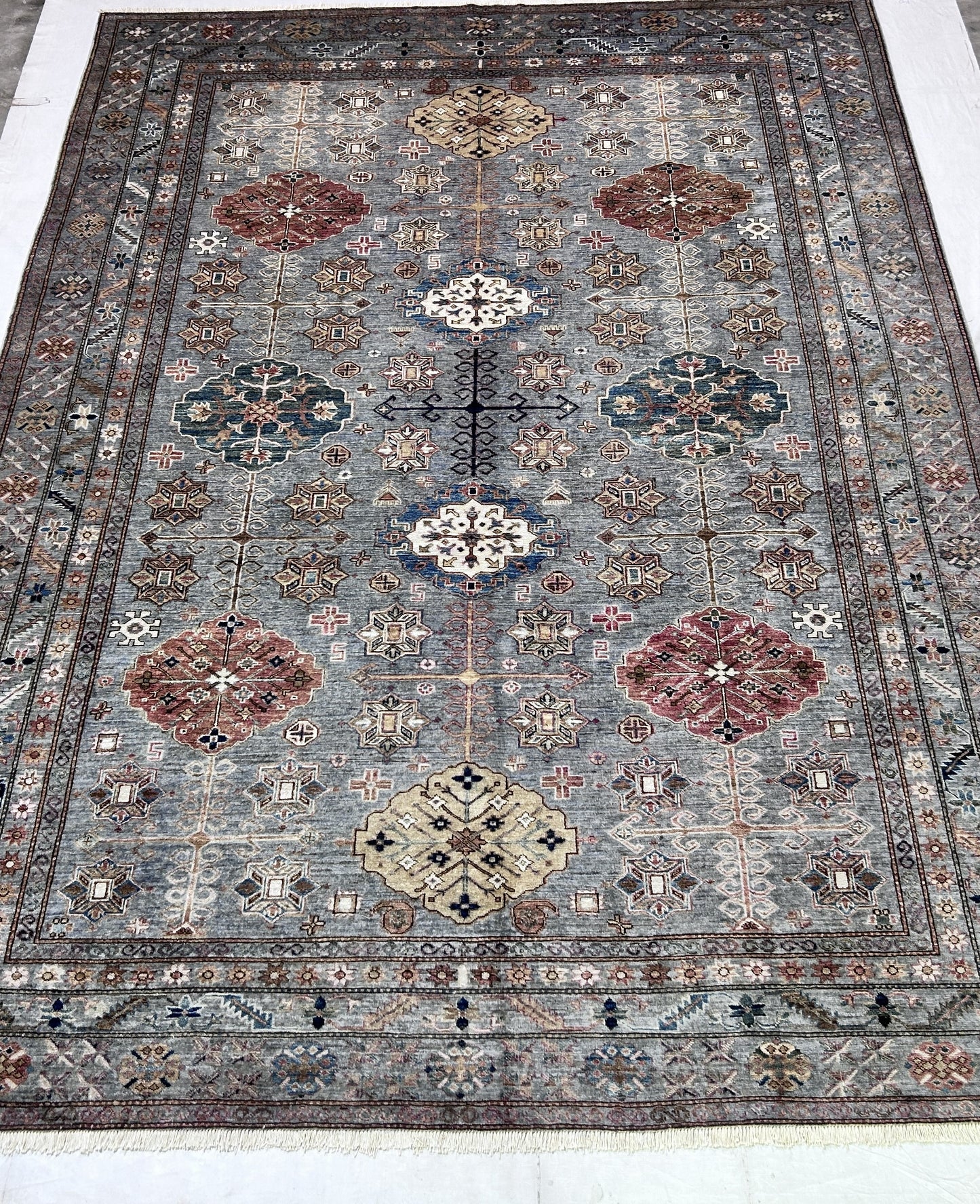 Grey & Rust Premium Handwoven Pure Wool Super Kazak Rug, 9ft 0in x 12ft 2in