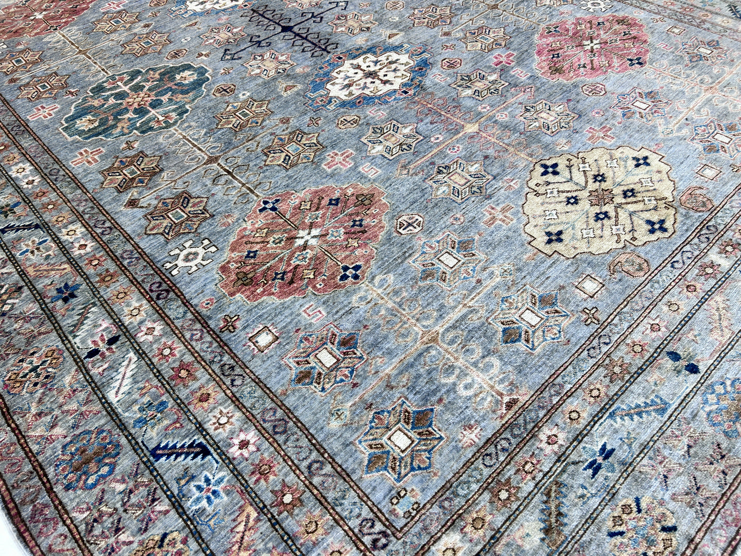 Grey & Rust Premium Handwoven Pure Wool Super Kazak Rug, 9ft 0in x 12ft 2in