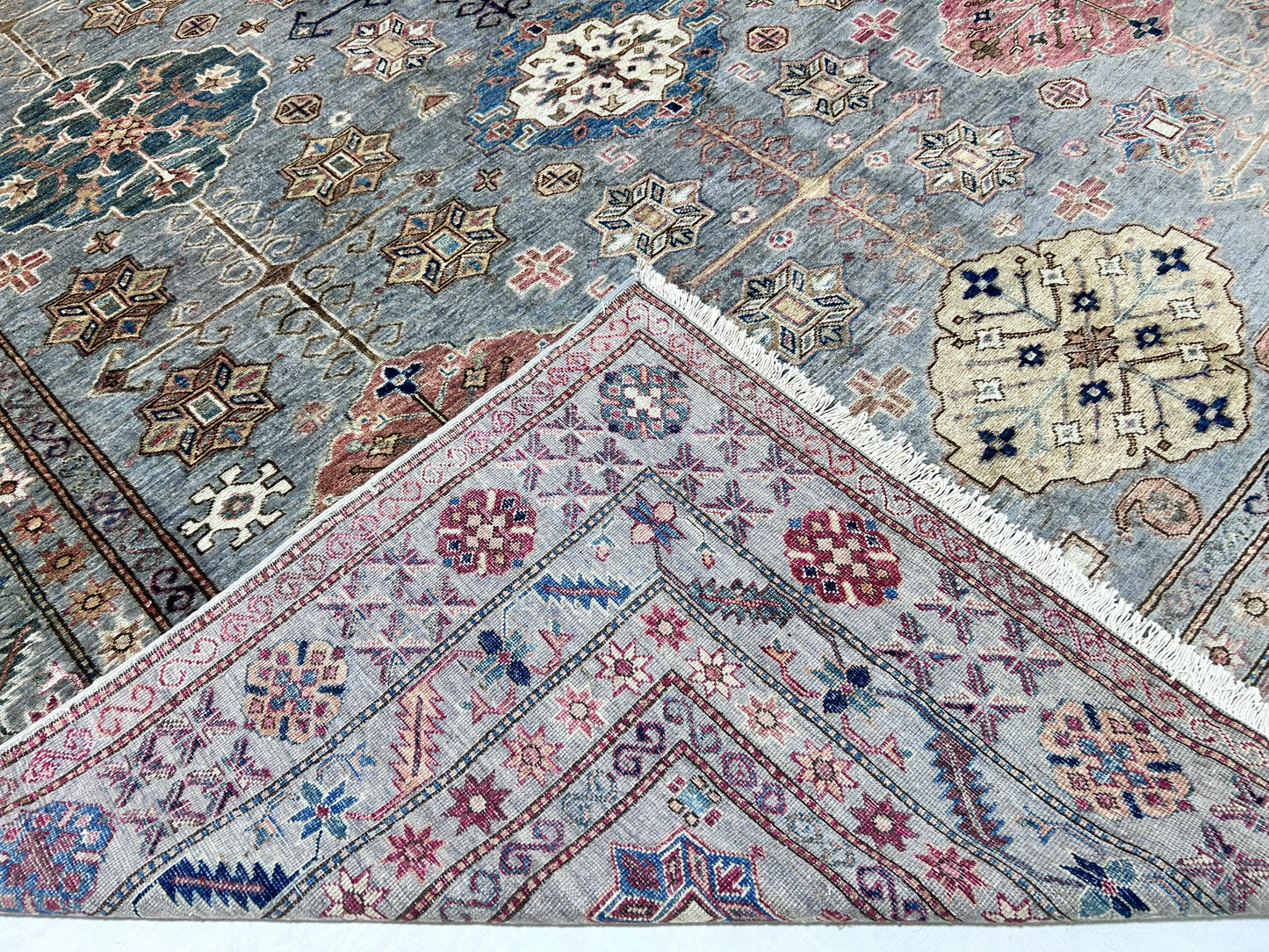 Grey & Rust Premium Handwoven Pure Wool Super Kazak Rug, 9ft 0in x 12ft 2in