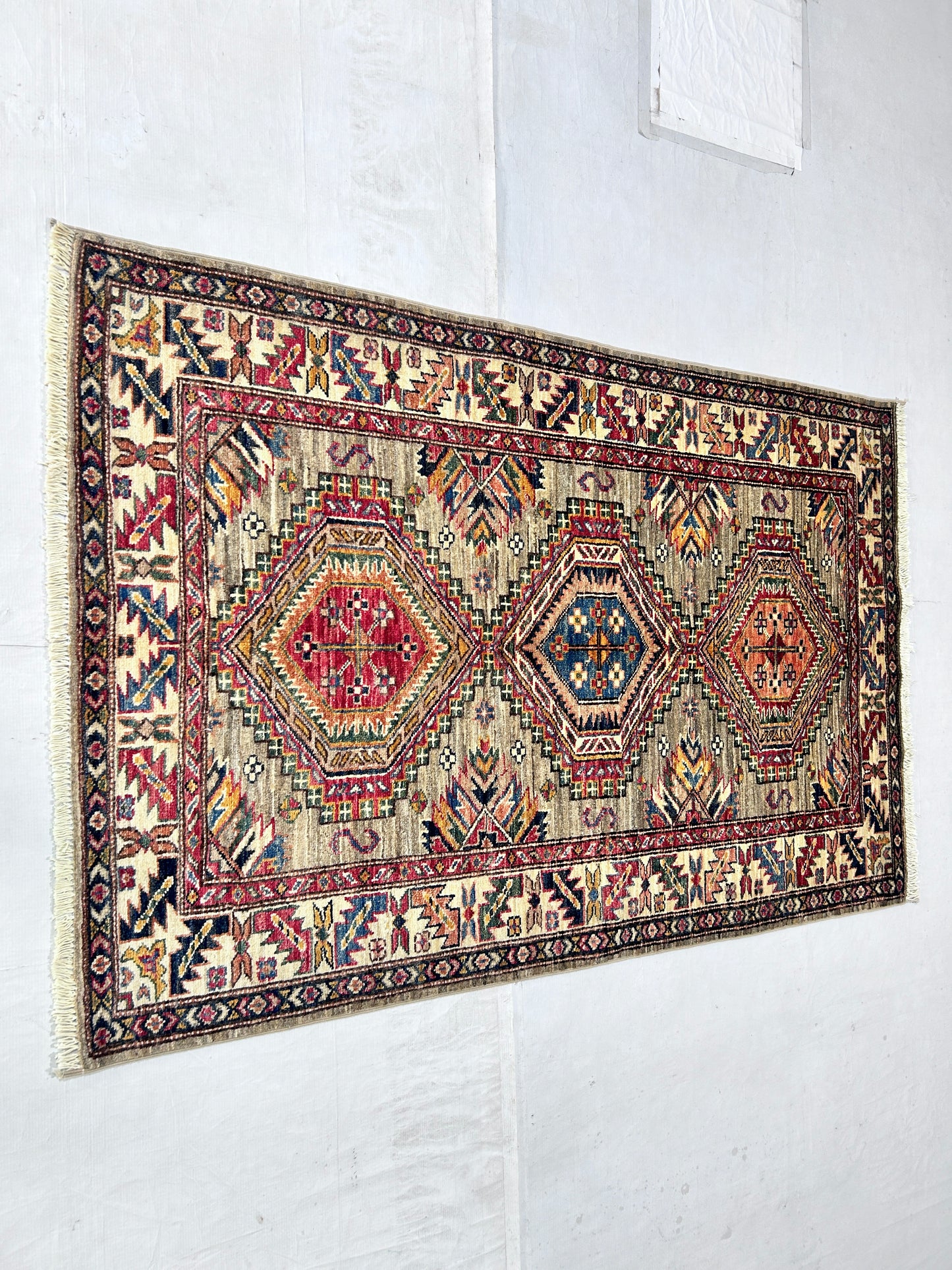 Brown & Ivory Premium Handwoven Pure Wool Super Kazak Rug, 3ft 4in x 5ft 0in